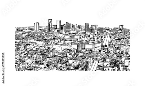 Building view with landmark of Baltimore is a major city in Maryland with a long history as an important seaport. Hand drawn sketch illustration in vector.