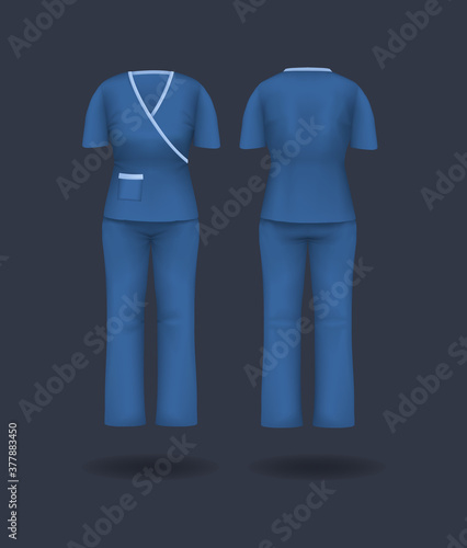 Realistic woman doctor coat mock up. Empty lab uniform, doctor medical laboratory clothes, hospital professional suit, blouse, nursing uniform isolated mockup vector