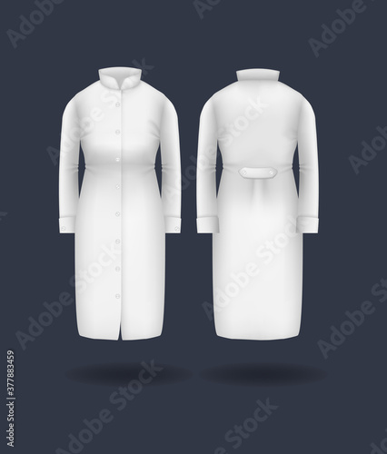 Realistic doctor coat mock up. Women's medical gown, lab uniform, doctor medical laboratory clothes, hospital professional suit on transparent background isolated vector