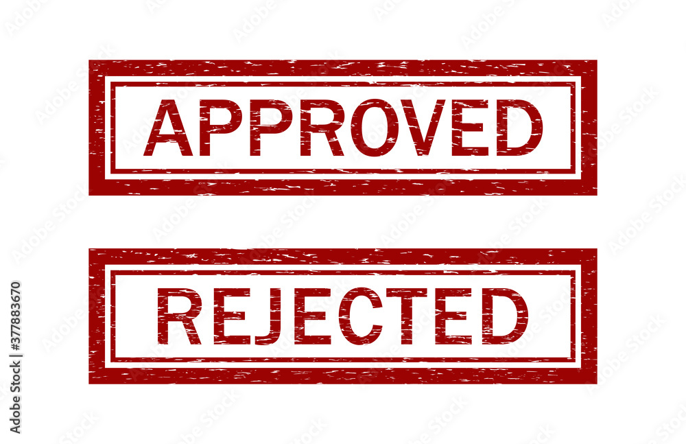 Stamp rubber of approved and reject. Grunge seal after review. Icon of approve or denied. Red rectangular sign for certified quality. Vintage label with box. Grungy banner for tested, control. Vector Stamp rubber of approved and reject. Grunge seal after review. Icon of approve or denied. Red rectangular sign for certified quality. Vintage label with box. Grungy banner for tested, control. Vector