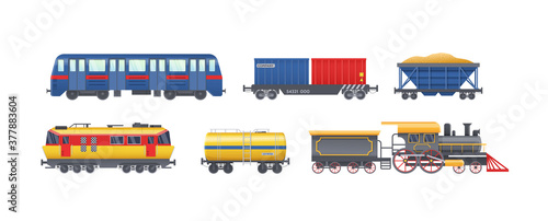 Set of freight train with wagons, tanks, freight, cisterns. Railway locomotive train with oil wagon, transportation cargo, railway transport locomotive, subway metro vector