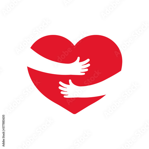 Embrace of heart. Icon of hug with heart with help hands. Logo of warm, love and care. Arm, heart hug yourself. Symbol of family cozy. Concept of health. Shape for mother day. Gift of charity. Vector