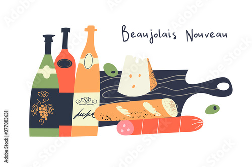 Beaujolais Nouveau. Festival of new wine in France. Wine and food. Vector illustration.