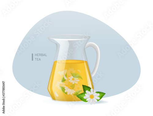 Realistic glass decanter with of chamomile custard tea with chamomile leaves and flowers infographic on a light background vector