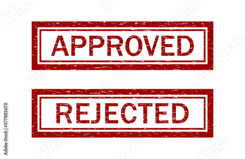 Stamp rubber of approved and reject. Grunge seal after review. Icon of approve or denied. Red rectangular sign for certified quality. Vintage label with box. Grungy banner for tested, control. Vector