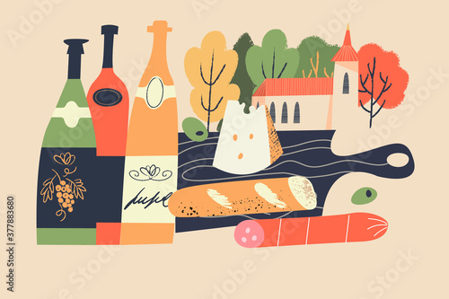 Beaujolais Nouveau. Festival of new wine in France. Wine and food. Vector illustration.