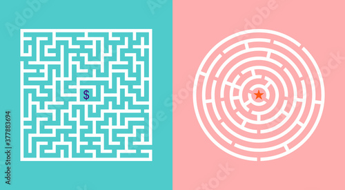 Labyrinth game. maze with way. Puzzle with entrance, road and exit. Square, round difficult riddles. Go, find door in circle. Logic map or graphic rebus. Pattern with confused path and goal. Vector