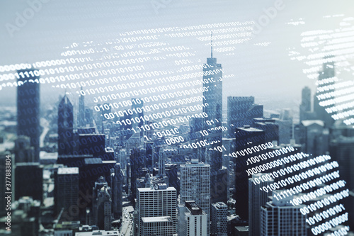 Double exposure of graphic America map hologram on Chicago office buildings background, big data and digital technology concept