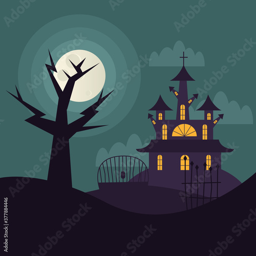 Halloween house and tree at night vector design