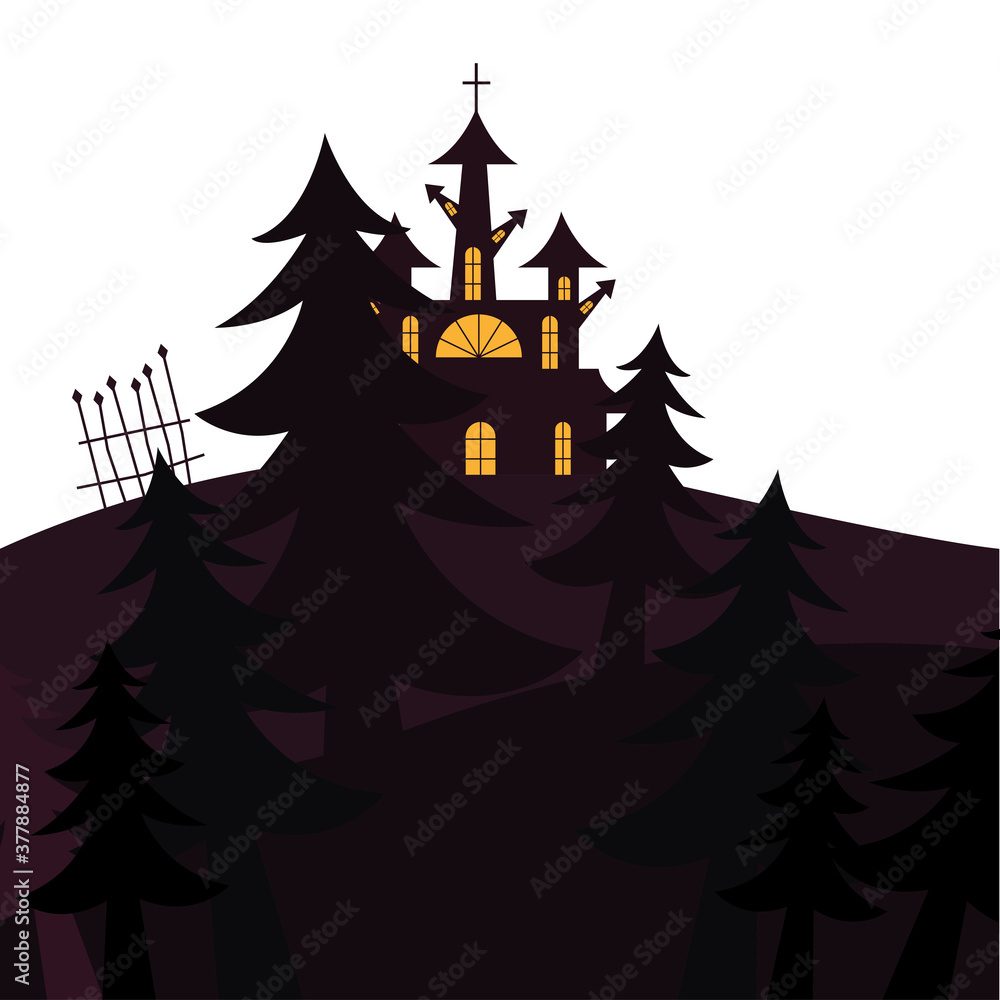 Halloween house with pine trees vector design