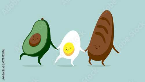 Funny characters egg avocado and bread. Breakfast or brunch sandwich. Best friends set. Funny food. Cute stylish characters. 