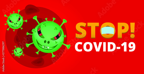 Vector illustration of coronavirus among red blood cells, and text stop covid-19. Coronavirus concept. Prevention and control of the epidemic.