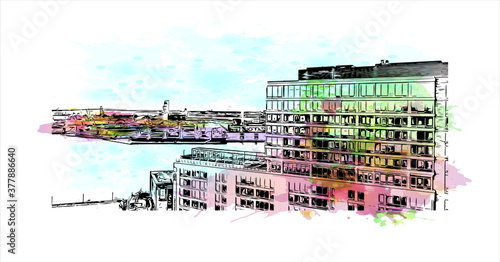 Building view with landmark of Baltimore is a major city in Maryland with a long history as an important seaport. Watercolor splash with hand drawn sketch illustration in vector.