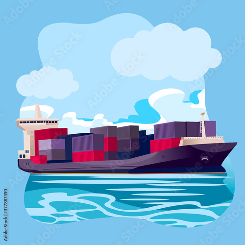 Cartoon Color Cargo Ship in Sea Port Landscape Scene Concept. Vector