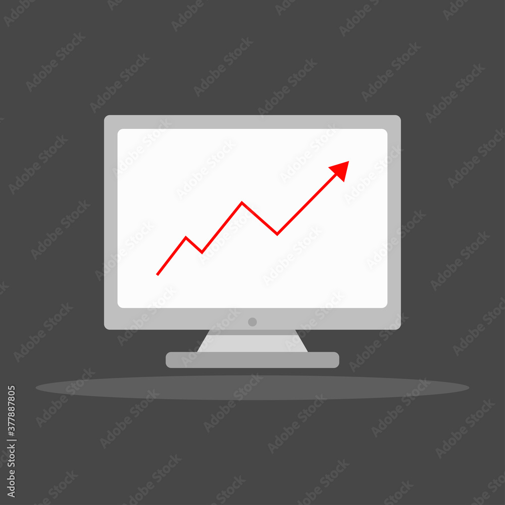 Computer screen with red arrow showing growth. Vector icon for business. Statistics illustrating rise. Flat design for web Computer screen with red arrow showing growth. Vector icon for business. Statistics illustrating rise. Flat design for web