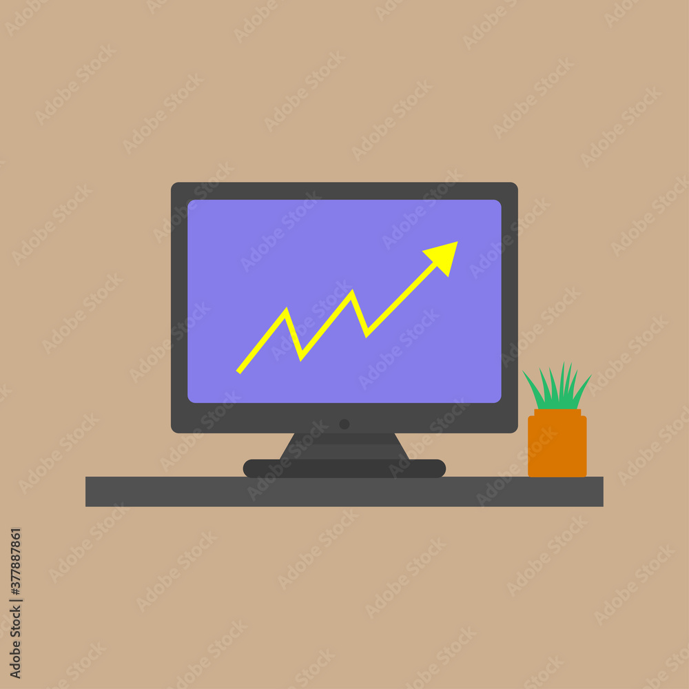 PC display with line showing growth. Vector icon for business with computer and desk. Statistics on the screen. Colorful flat illustration showing profit and rise. PC display with line showing growth. Vector icon for business with computer and desk. Statistics on the screen. Colorful flat illustration showing profit and rise.