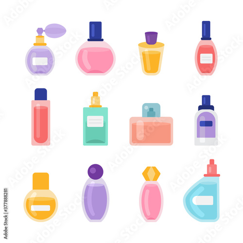 Cartoon Color Perfume Bottles Icons Set. Vector