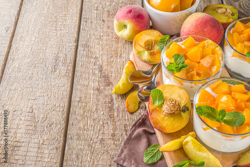Curd or yogurt dessert with peaches