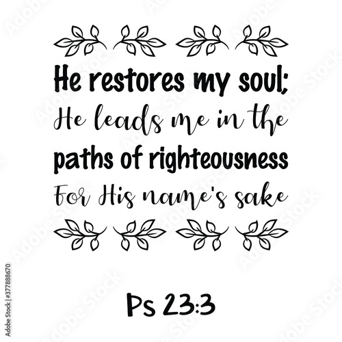  He restores my soul; He leads me in the paths of righteousness For His name's sake. Bible verse quote