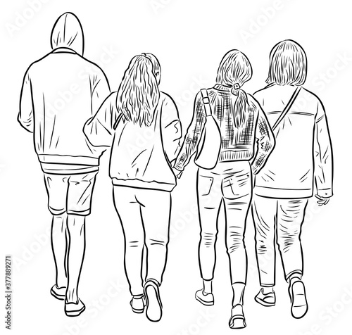Outline drawing of teens friends walking outdoors togrther