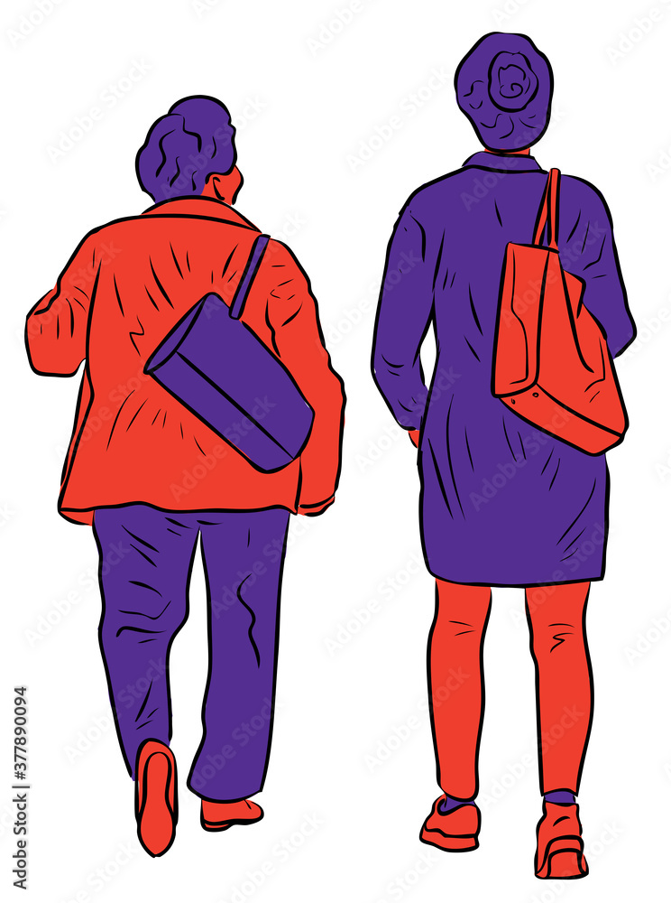 Vector drawing of elderly woman with her adult daughter walking outdoors together Vector drawing of elderly woman with her adult daughter walking outdoors together