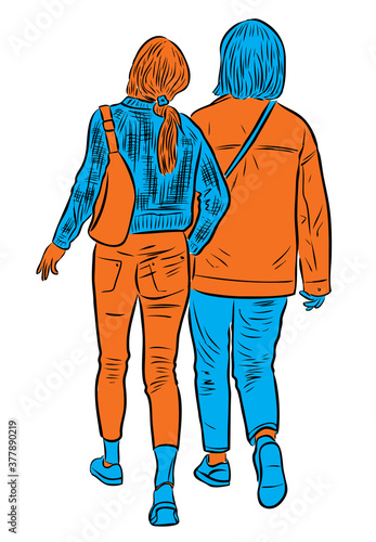 Vector drawing of two teens girls walking together along street