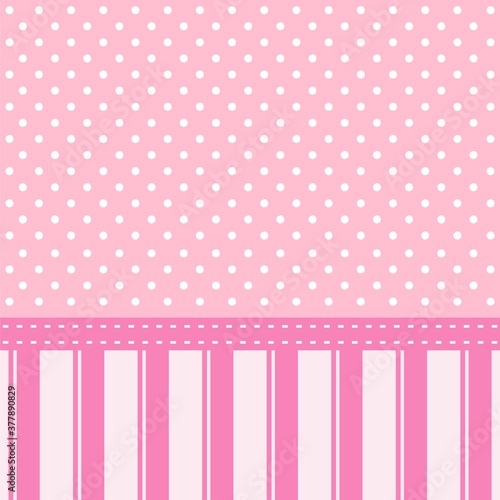 Delicate shades in pink pastel pastels. Stripes and circles on a light pink background. Background for children's design, pattern for fabric, wallpaper. Baby birthday card. Place for text