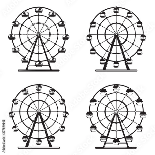 Set of ferris wheels in monochrome style. Carousels of amusement park.