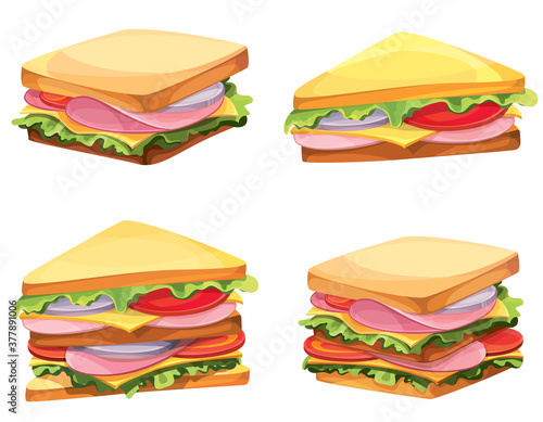 Set of different sandwiches. Fast food in cartoon style.