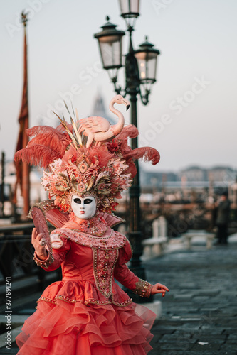 Fototapeta Naklejka Na Ścianę i Meble -  Beautiful carnival costume/mask posing during sunrise at the annual carnival in Venice, Italy