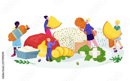 Cheese vector illustration. Tiny people holding parmesan, swiss cheese, fresh piece of cheddar, collection of diary milky food products, appetizer. Edam, gauda and mozzarella for breakfast and dinner.