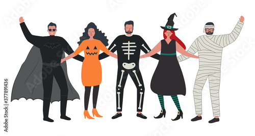 Halloween party. Young people in Halloween costumes stand together and hug. Vector illustration