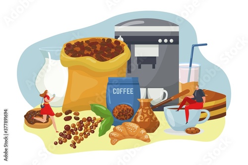 Coffee concept for cafe shop design, vector illustration. Bag of coffee beans...