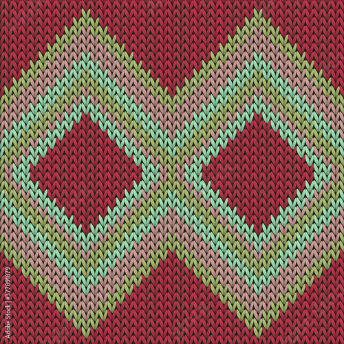 Modern rhombus argyle christmas knit geometric seamless pattern. Fair isle sweater knit effect ornament. Fashionable seamless knitted pattern. Fabric canvas illustration.