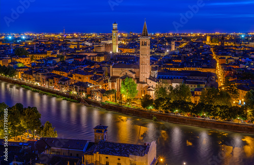 Sunset aerial view of Verona, Italy. Skyline of Verona.