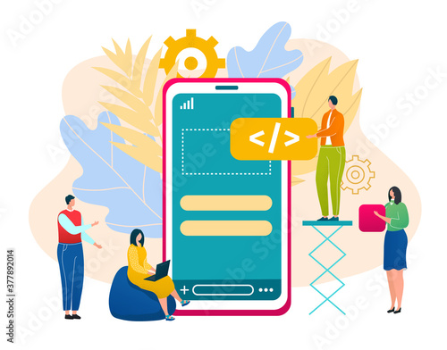 Create app interface concept, vector illustration. Application display, building mobile app, development and enginerring to user interface. Phone screen and programmers writing code.