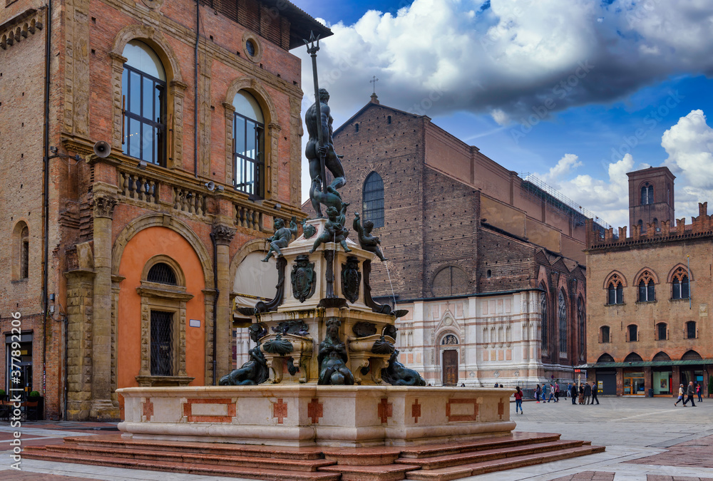 The Fountain of Neptune (Fontana di Nettuno) located in  Piazza del Nettuno in Bologna, Italy. Architecture and landmark of Bologna. Cityscape of Bologna.