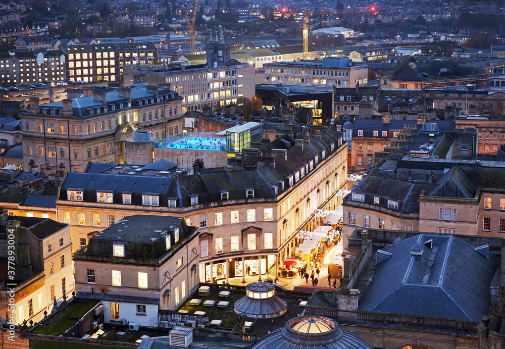 Aerial view of the Christmas market in Royal Bath Spa