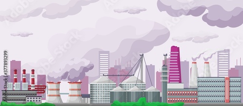 Pollution and enviroment, ecology vector illustration. Factory and plants building with smoking chimneys. Dirty smoke in sky, heavy industry. Enviromental problems. Environment-oriented planet.