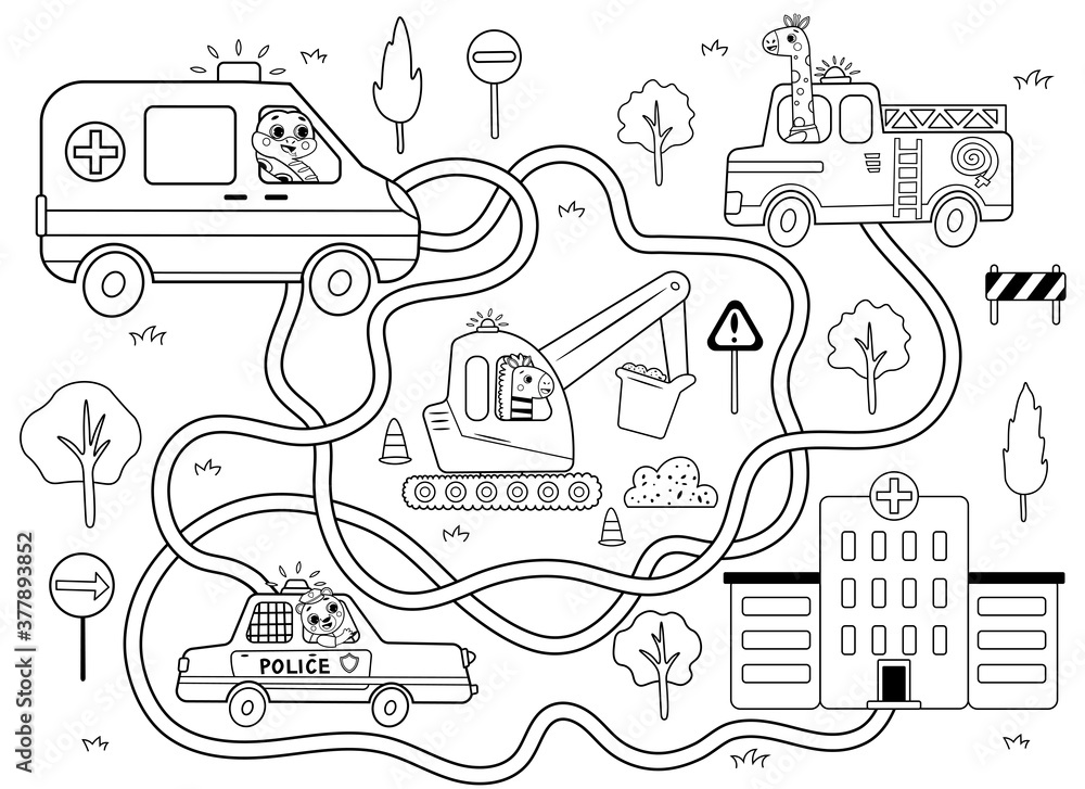 Help the ambulance find the right path to the hospital. Maze or labyrinth game for preschool children black and white for coloring. Puzzle. Tangled road. Transport for kids