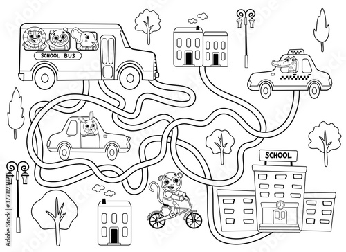 Help the school bus find the right path to the school. Black and white for coloring maze or labyrinth game for preschool children. Puzzle. Tangled road. Transport for kids