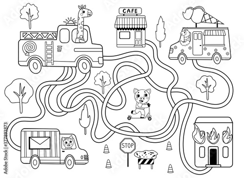 Help the fire engine find the right path to extinguish the fire. Maze or labyrinth game for preschool children black and white for coloring. Puzzle. Tangled road. Transport for kids