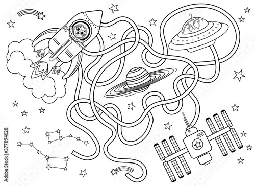 Help the spaceship find the right way to the international space station. Maze or labyrinth game for preschool children black and white for coloring. Puzzle. Tangled road. Transport for kids