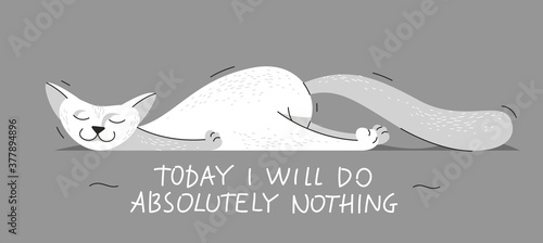 Resting weekend after work concept vector illustration, cartoon cute cat lays down on a ground like a dead tired with quote lettering.