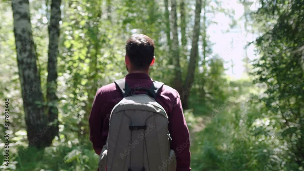 Young handsome bearded man hiking with a backpack through the forest and looking around. The sun's rays break through the leaves of the trees. High quality 4k footage Young handsome bearded man hiking with a backpack through the forest and looking around. The sun's rays break through the leaves of the trees. High quality 4k footage