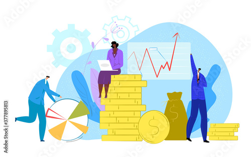 Investment success in business concept, finance growth vector illustration. Successful businessman with golden coins, arrow finance up, investors profit info. Investing money into financial market.