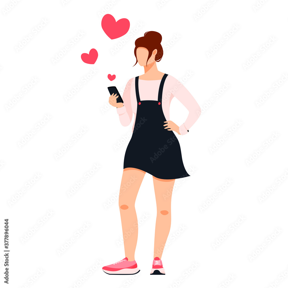 Isolated on white standing girl surfing internet on smartphone vector illustration. Social media addiction design element. Woman texting in flat cartoon style. Isolated on white standing girl surfing internet on smartphone vector illustration. Social media addiction design element. Woman texting in flat cartoon style.