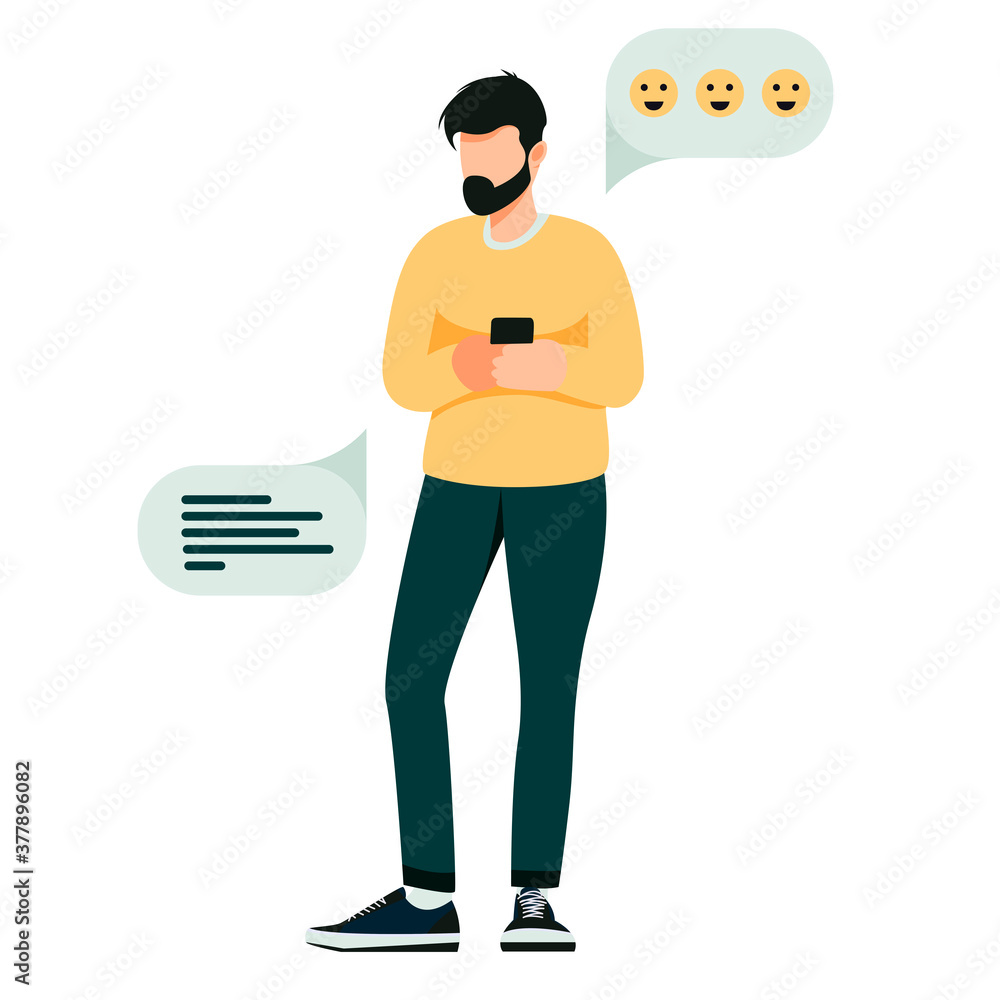 Isolated on white man uses smartphone vector illustration. Social media design element.  Mobile conversation in flat cartoon style.