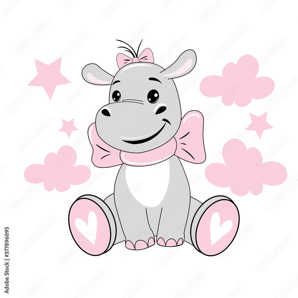 Obraz Cute baby hippo girl in pink clouds on a white background isolated