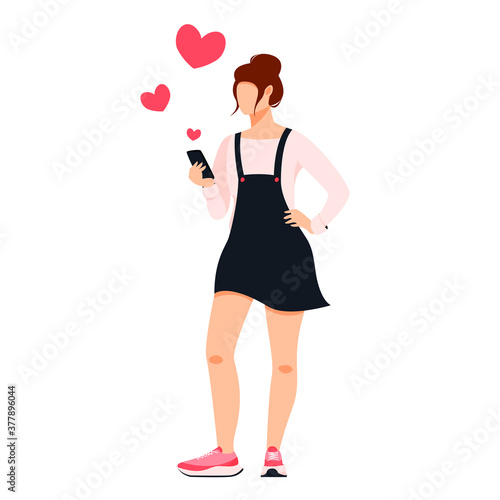 Isolated on white standing girl surfing internet on smartphone vector illustration. Social media addiction design element. Woman texting in flat cartoon style.